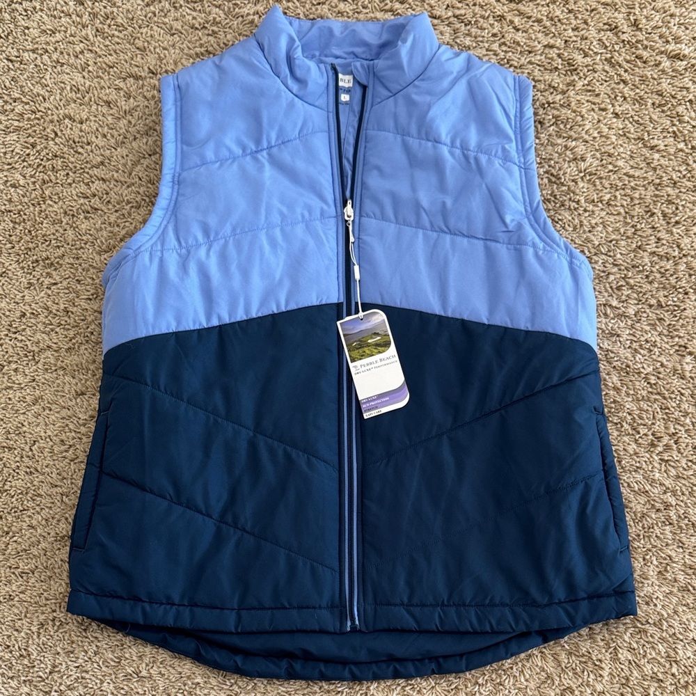 NWT Pebble Beach Light Blue Navy Puffer Vest, Womens sz L